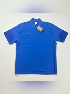Nike Men’s Blue Short-Sleeve Quarter-Zip Coach Jacket with Red Swoosh